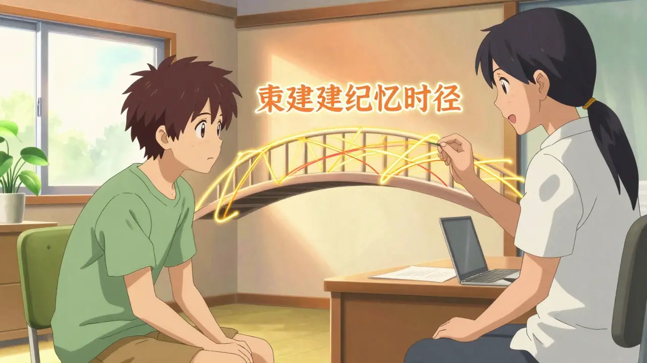 Anime scene showing a patient rebuilding memory pathways through cognitive rehabilitation