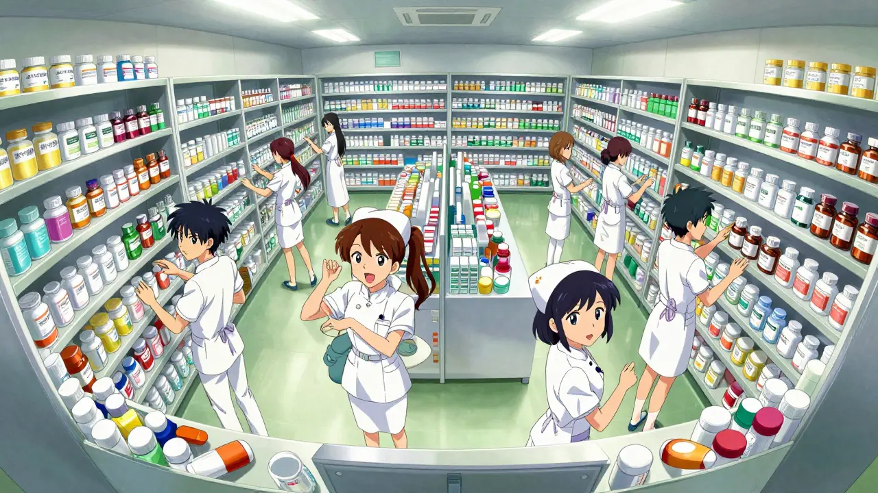 Anime style clinic staff organizing medication bottles to improve safety systems.