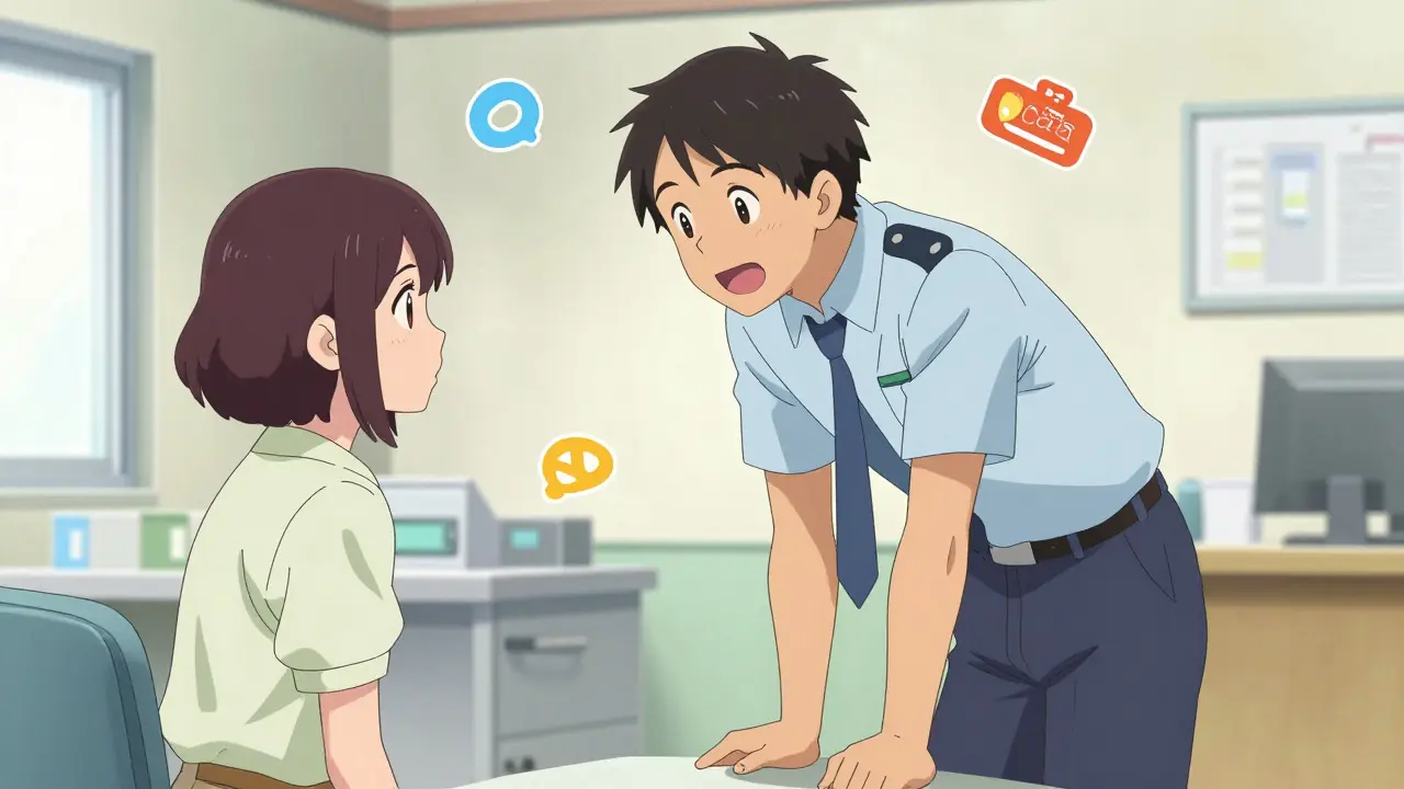 Anime style patient talking to a Patient Safety Officer in a bright office.
