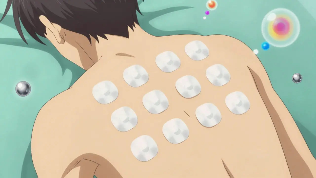 Anime style view of a person's back with diagnostic patch tests and abstract allergen symbols.