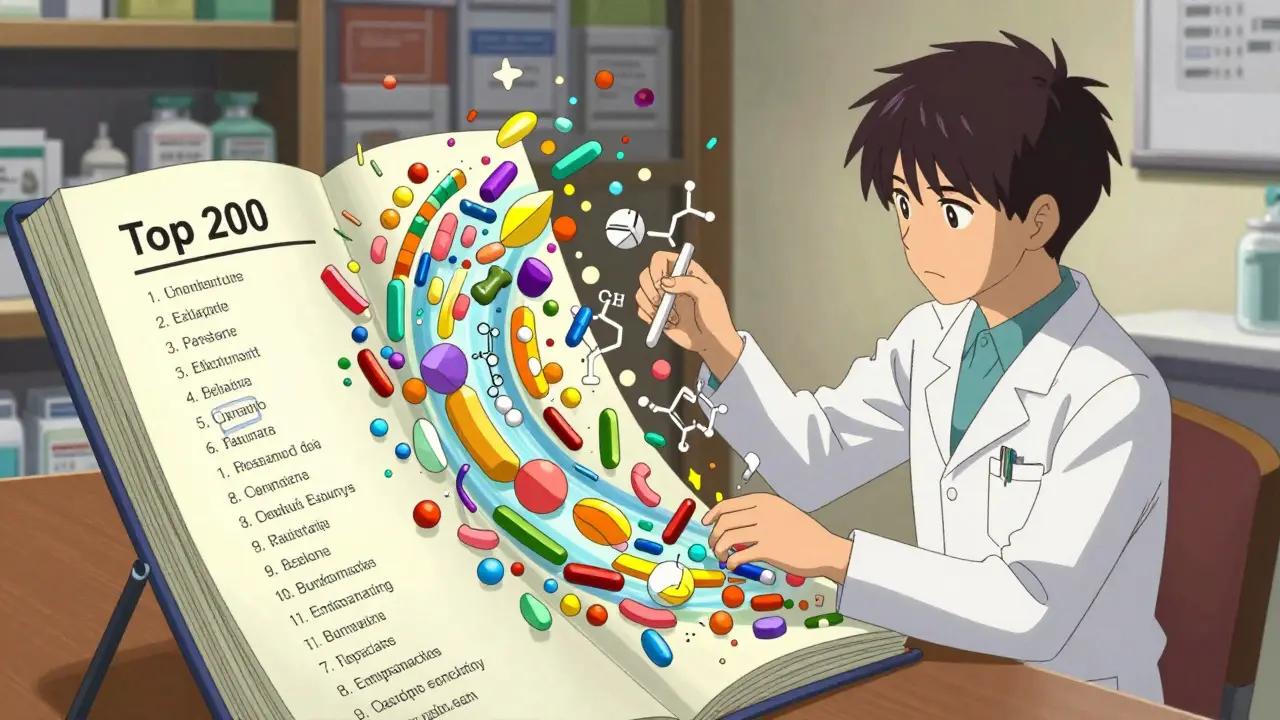 Anime technician studying pharmacy drugs visualized as a colorful river of geometric shapes.