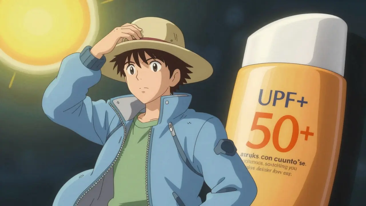 Character wearing a wide-brimmed hat and UPF protective clothing with SPF 50 sunscreen.