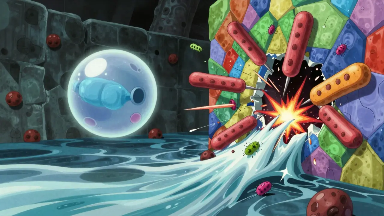 Conceptual anime art showing monoclonal antibodies dismantling a cellular wall to release bacteria.
