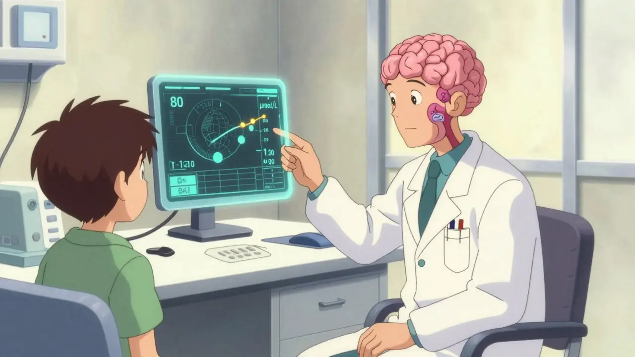 Doctor reviewing holographic chemical levels in a colorful, stylized medical setting.