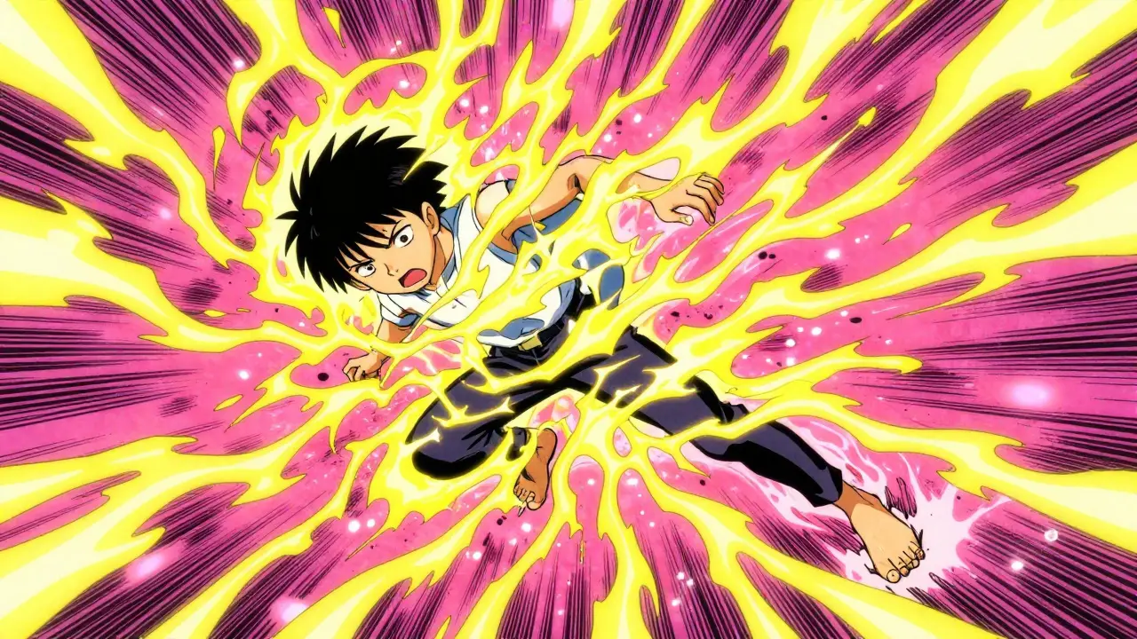 Expressive anime character experiencing sensory overload from serotonin excess.