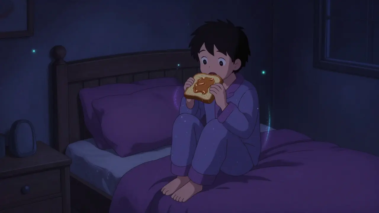 Person eating a healthy bedtime snack in a cozy, purple-toned anime bedroom.