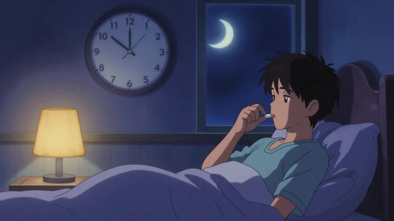 Person taking medication in a dimly lit bedroom at night to avoid daytime sun exposure.