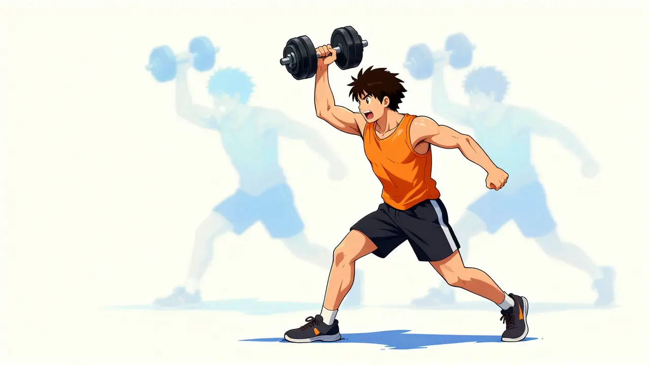 Stylized anime character performing weightlifting before running in Yuasa style.
