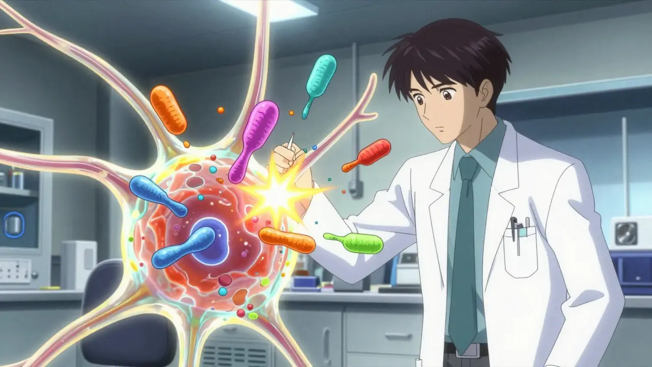 Stylized anime depiction of antibodies attacking a neuron in a medical context