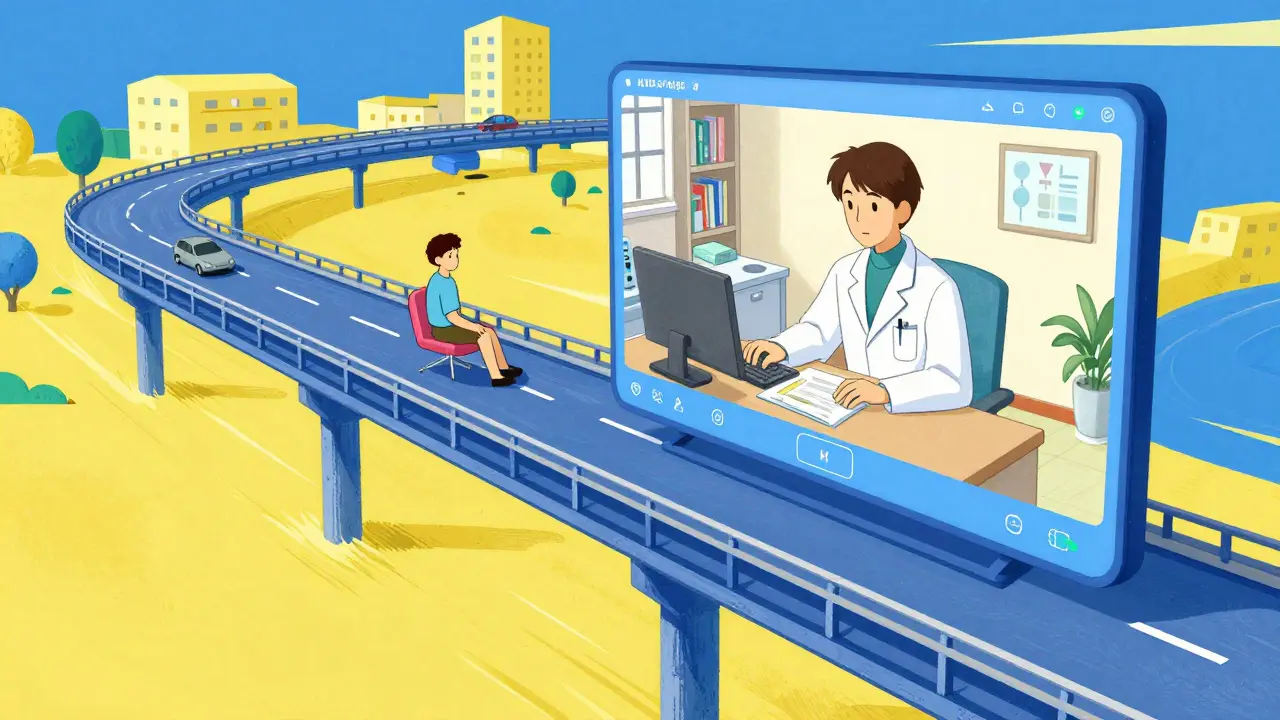 Stylized anime illustration of a virtual doctor consultation via telemedicine.