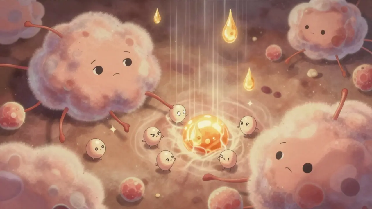 Abstract manga illustration showing IgE antibodies calmly accepting gentle penicillin droplets in a pastel world.