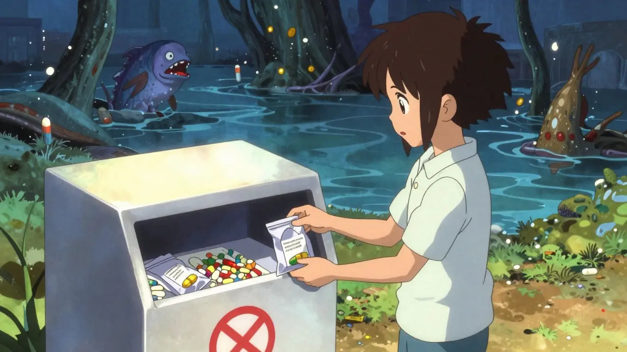 Anime character disposing expired meds safely at pharmacy