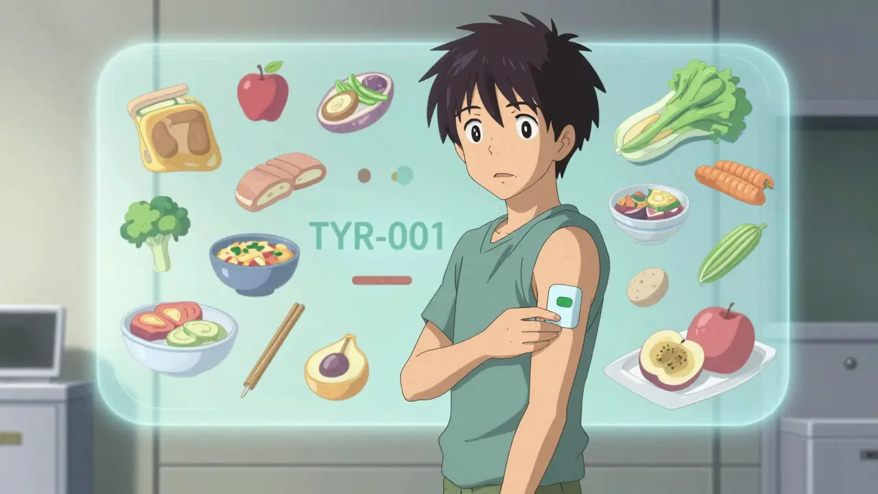 Anime character using a transdermal patch with floating safe food items behind.