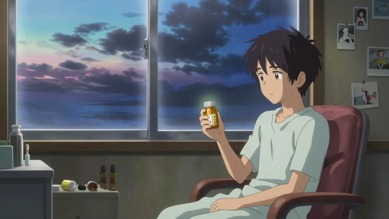 Anime scene of a patient in a warm room with a glowing pill bottle, symbolizing extended life.