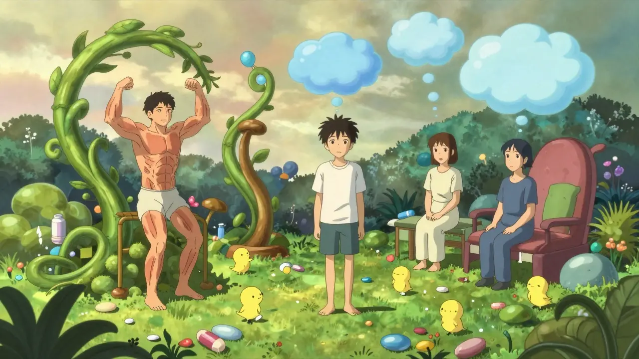 Colorful anime scene depicting multimodal therapies supporting a patient holistically.