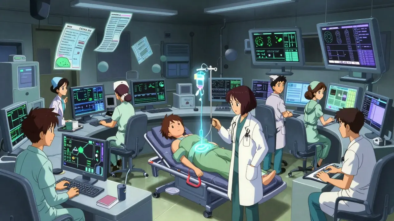 Dynamic anime scene of medical staff monitoring a patient undergoing penicillin desensitization in a futuristic hospital.