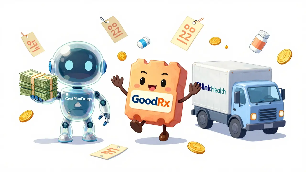 Friendly platform mascots explaining cost savings and verification in Yuasa anime style.