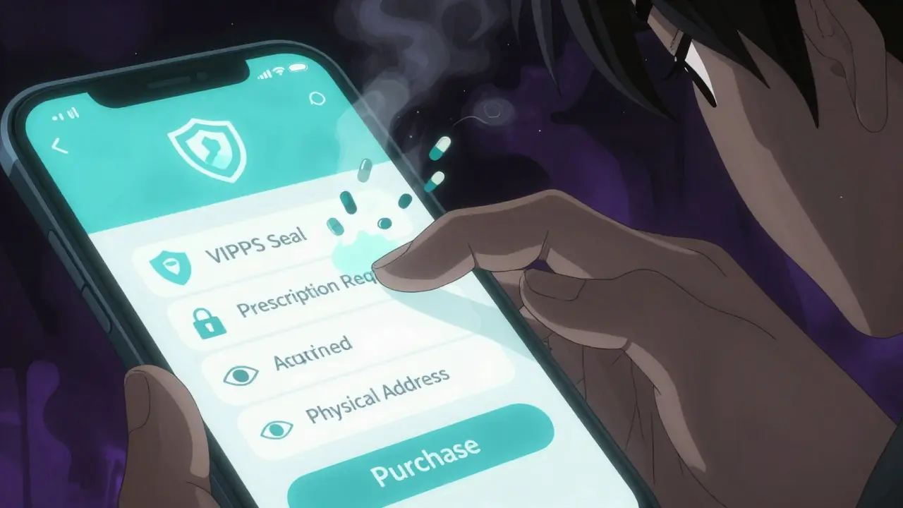 Hand verifying online pharmacy safety seals before purchasing medication in anime art.