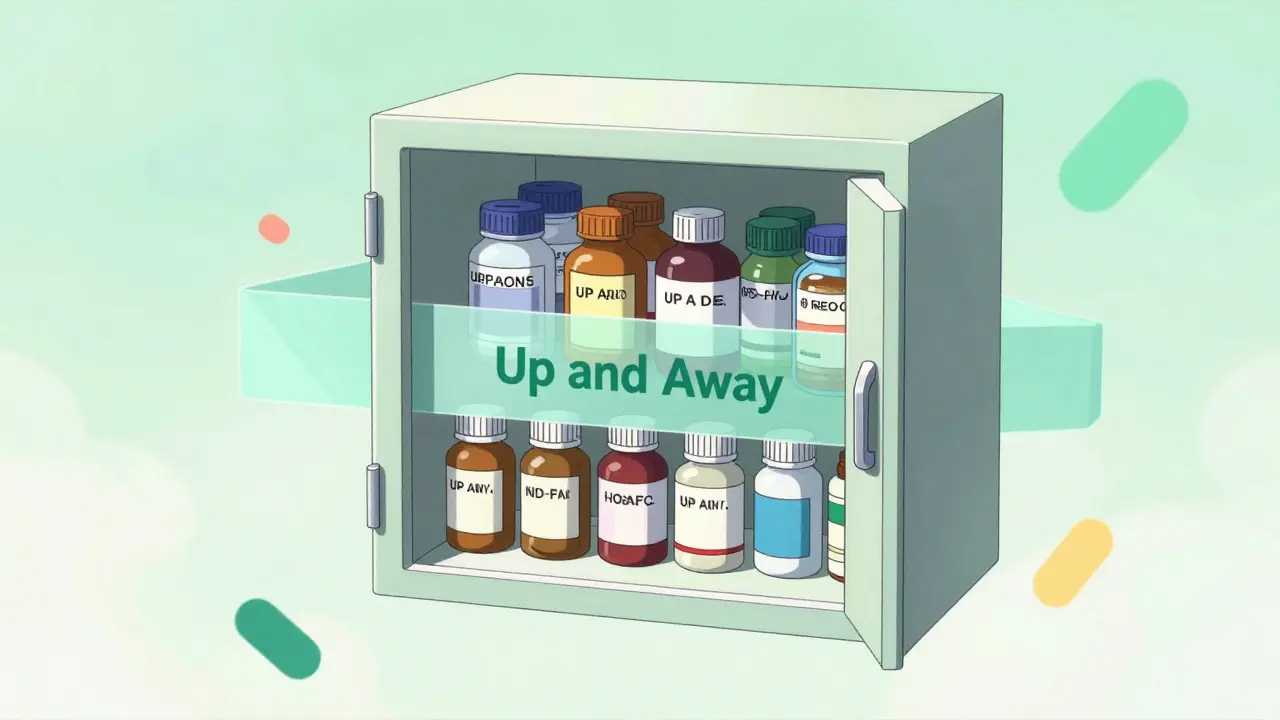 Locked medicine cabinet floating in pastel void, anime style