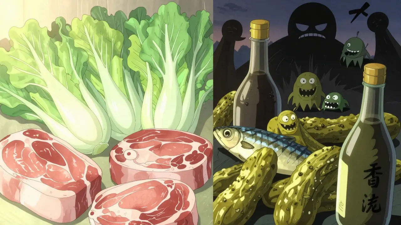 Manga style comparison of safe fresh foods versus dangerous fermented foods.