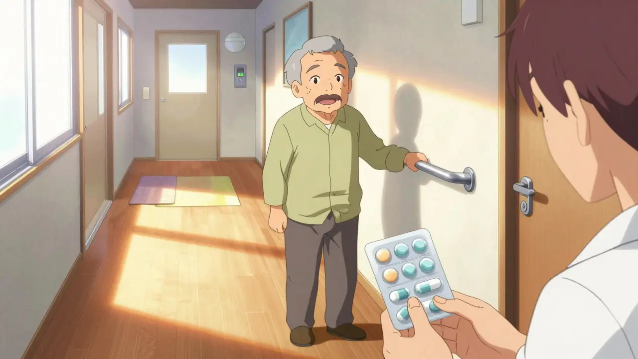 Older adult standing safely with grab bars and better home lighting