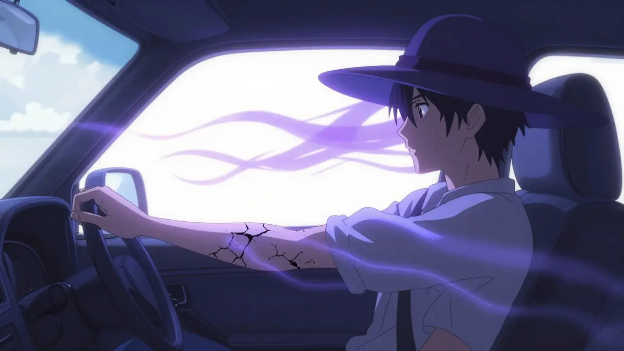 Person in a car with visible UV light penetrating the window, causing their arm to look fragile.