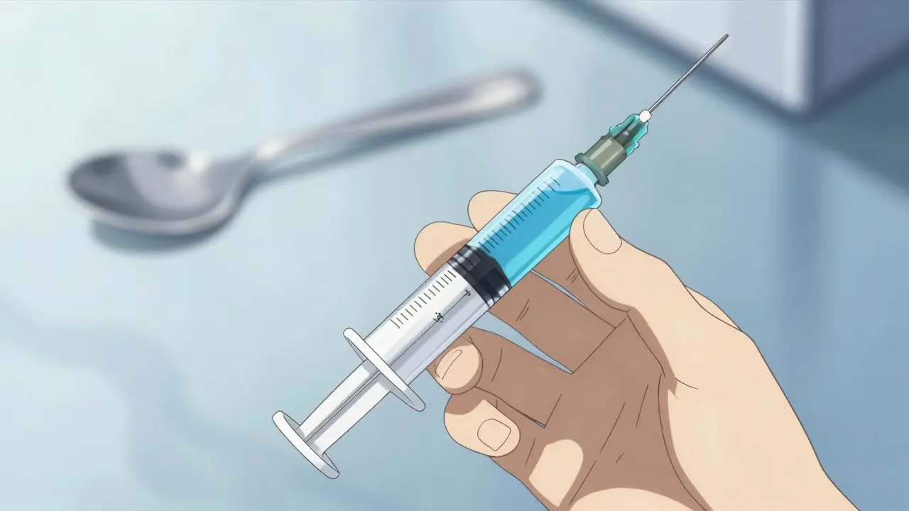 Precise oral syringe vs distorted spoon, anime illustration