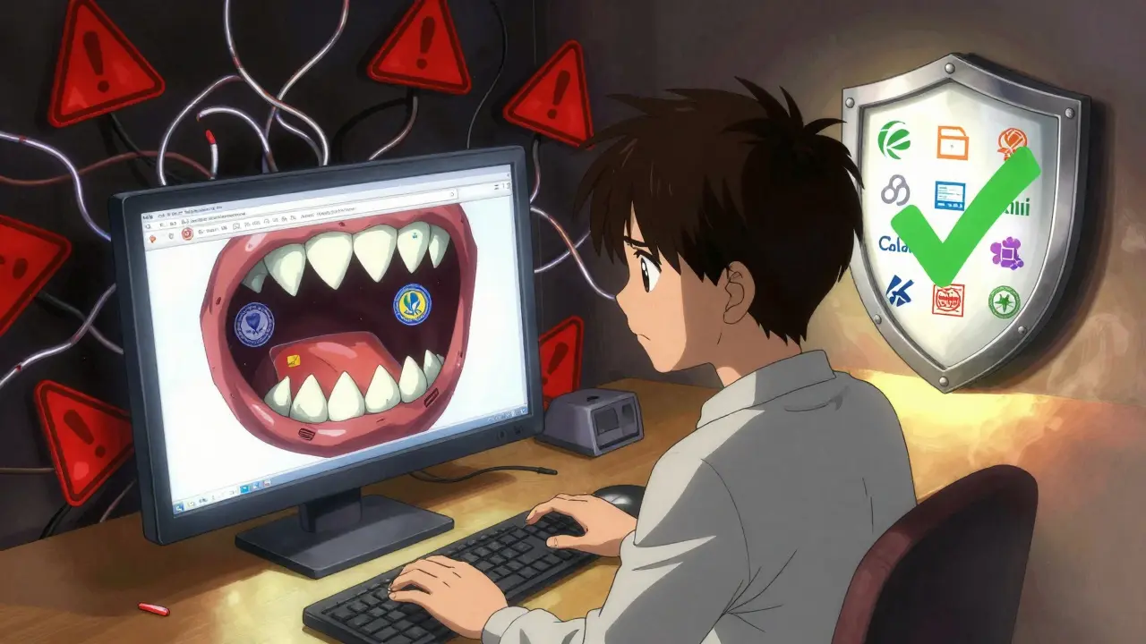 Shady website monster vs safe pharmacy shield in anime style