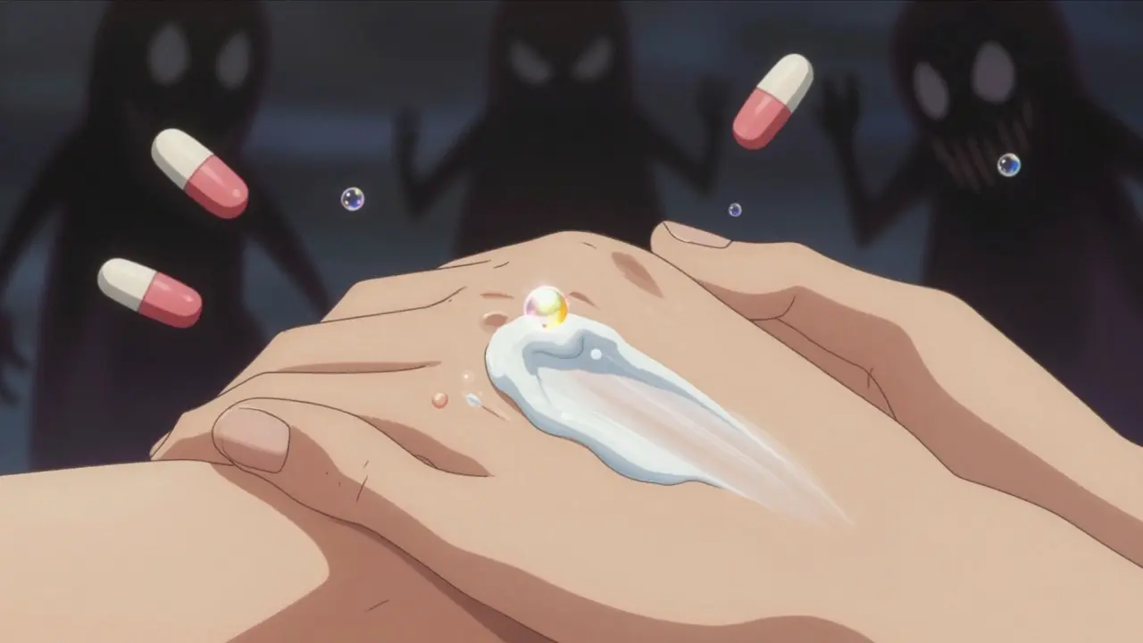 Stylized hands applying protective white sunscreen while dark pill shadows loom in the background.