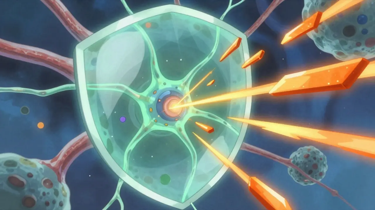 Surreal anime art showing a protective shield defending neurons from toxic chemical spikes.