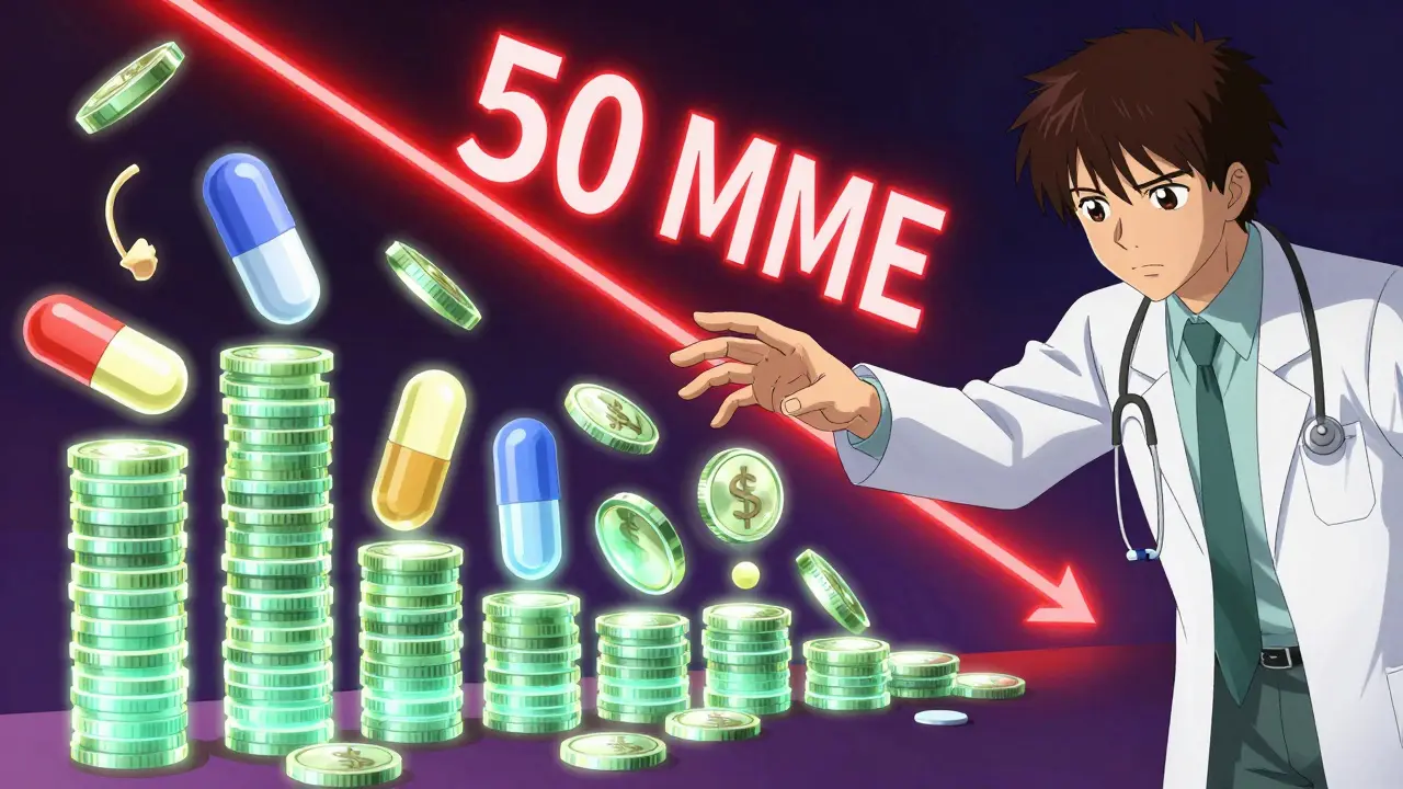 Surreal anime art showing pills converting to MME currency near a danger threshold.