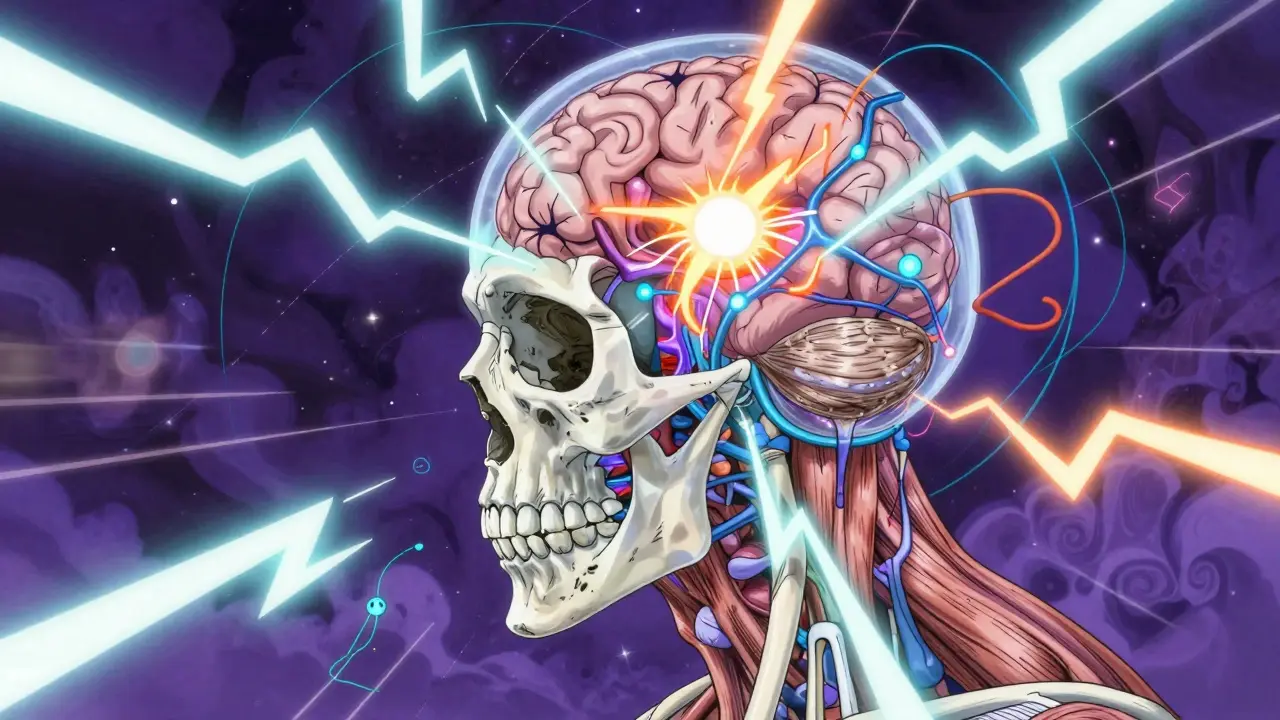 Surreal anime brain illustration showing amplified neural pain signals and hypersensitive centers