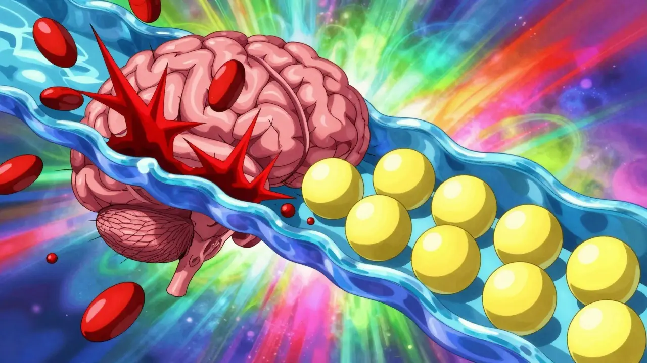 Surreal comparison of dangerous vs safe allergy meds crossing brain barrier