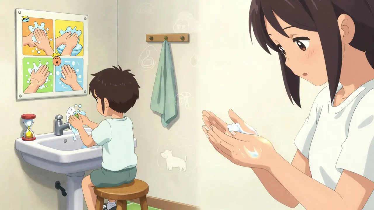 Anime child learning handwashing steps and adult applying moisturizer for skin health