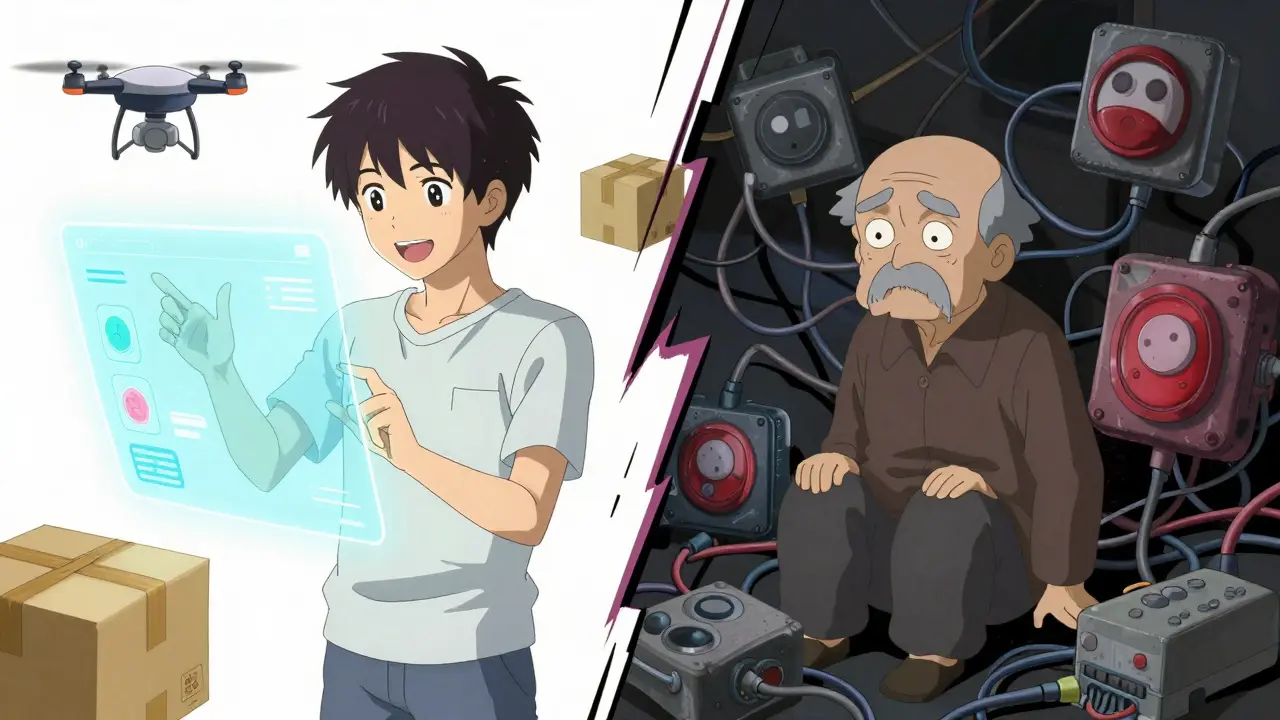 Anime illustration contrasting tech-savvy youth with confused senior facing digital barriers