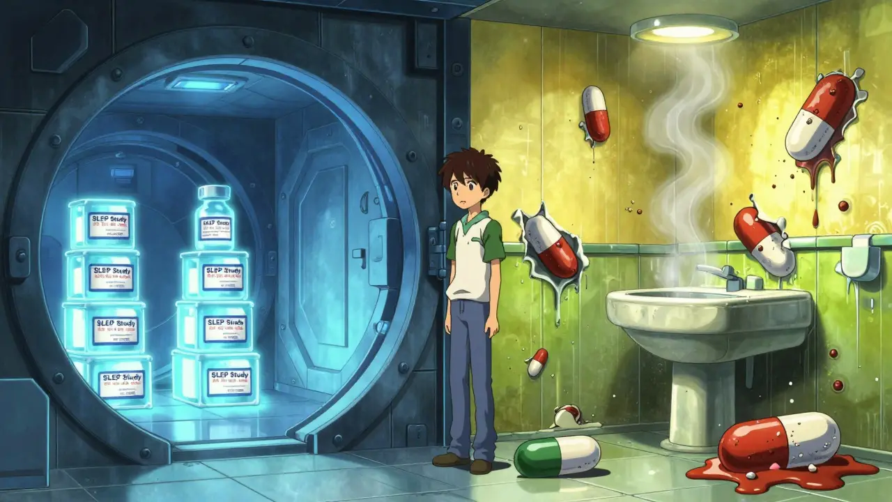 Anime split scene comparing stable military drug storage to degrading bathroom meds