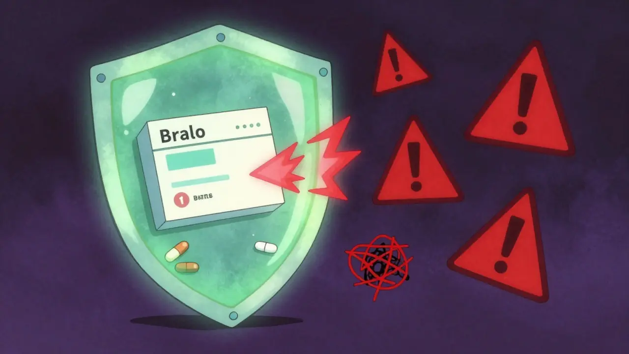 Anime style shield protecting medication package from red scam warnings and chaos