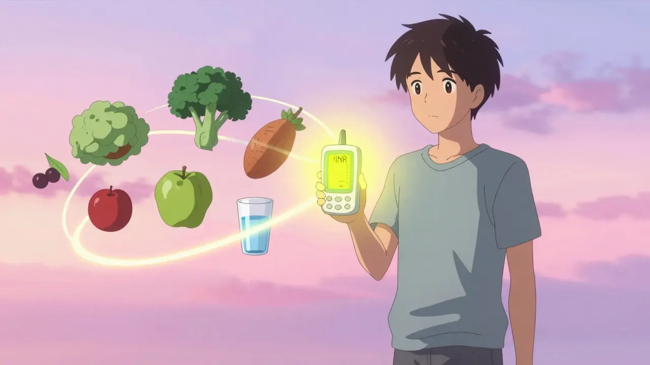 Calm anime character holding INR monitor with floating balanced foods