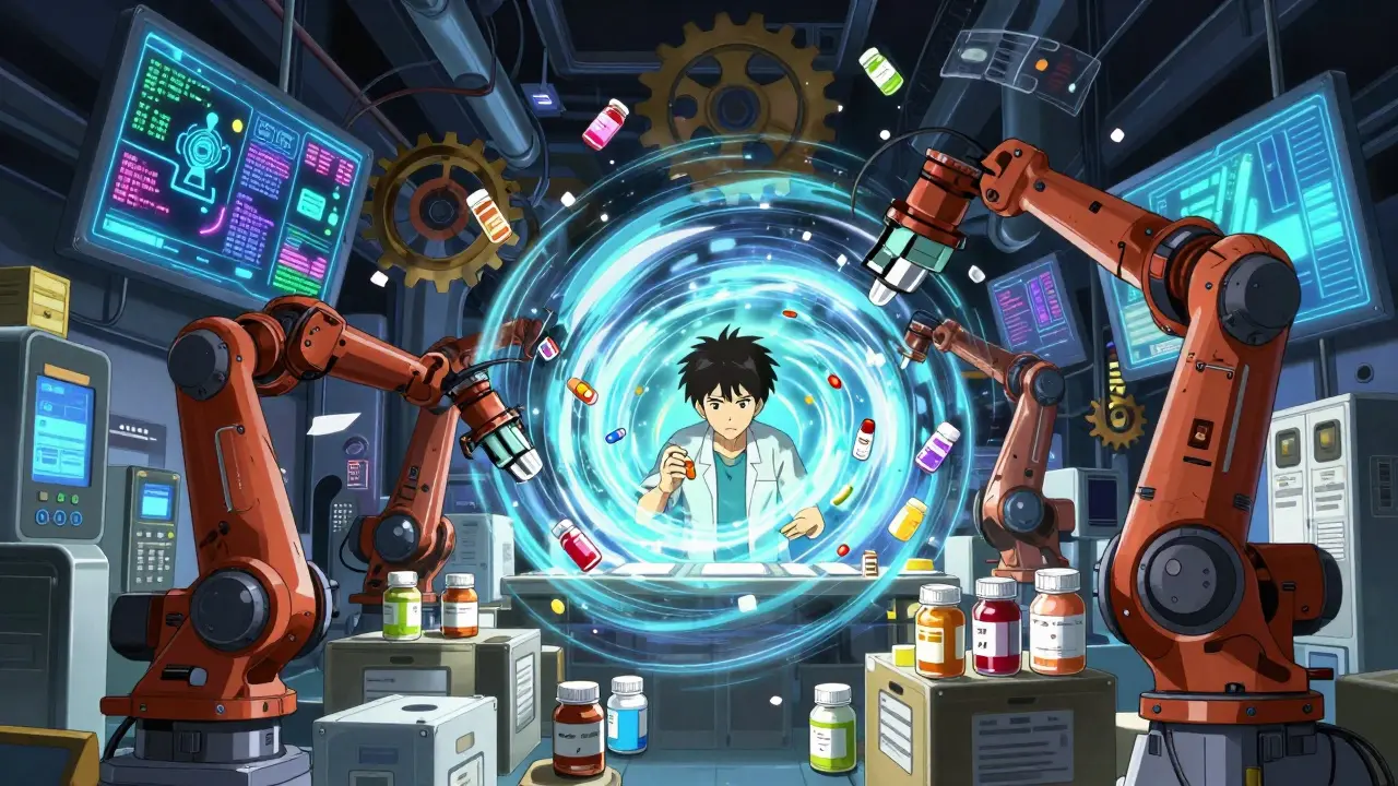 Chaotic anime scene of robotic arms sorting pills in a high-tech warehouse