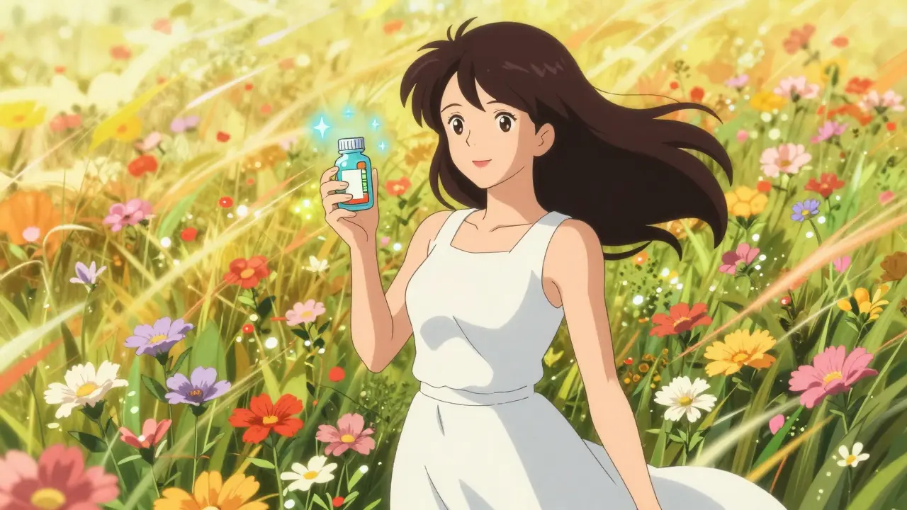Confident woman with healing pills in sunny field