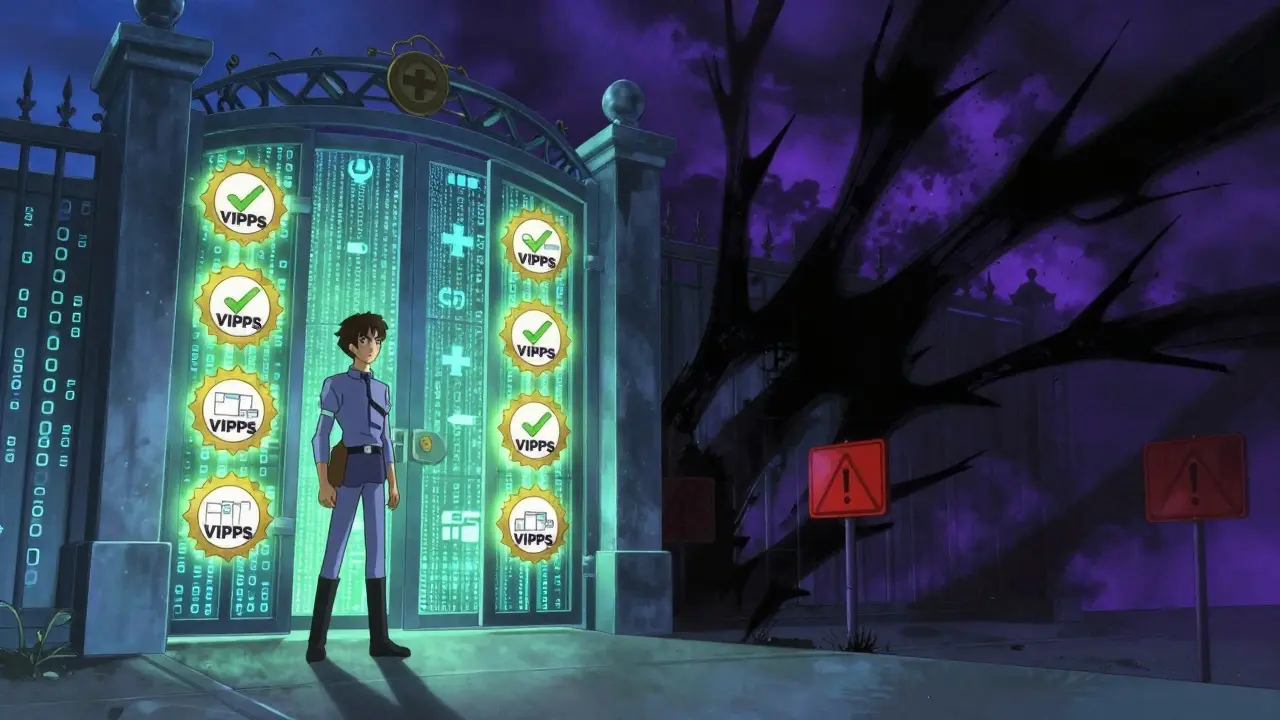Heroic figure standing at a digital gate separating safe verified pharmacies from dark scam shadows