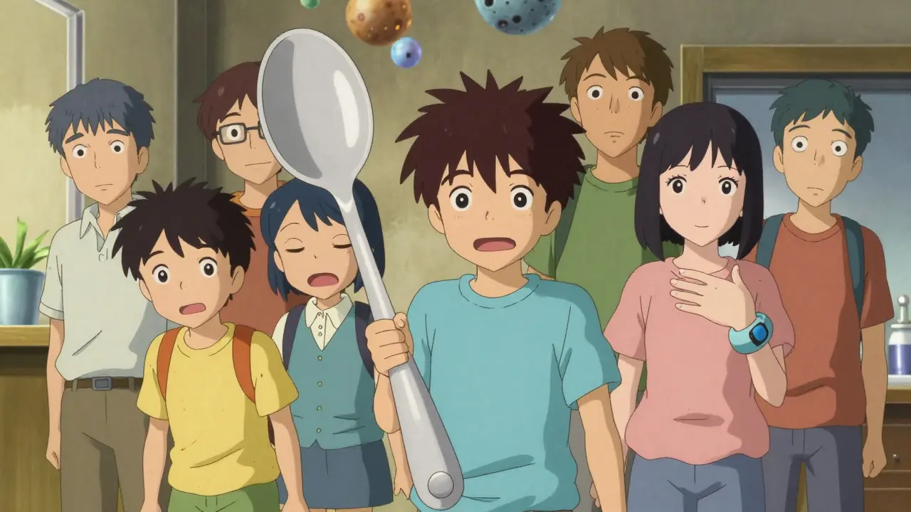 People using weighted utensils, anime style
