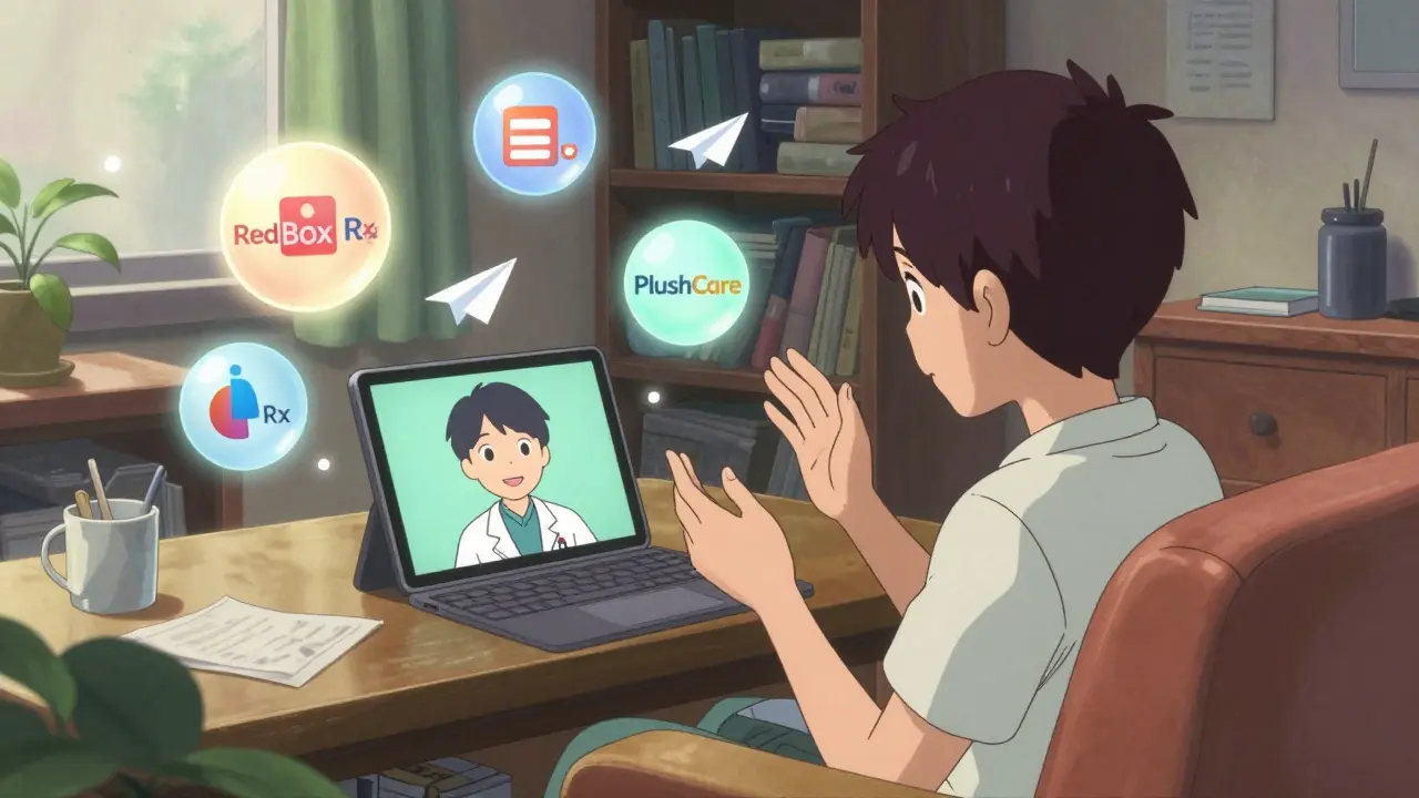 Person on couch doing video call with doctor, surrounded by floating telehealth service icons