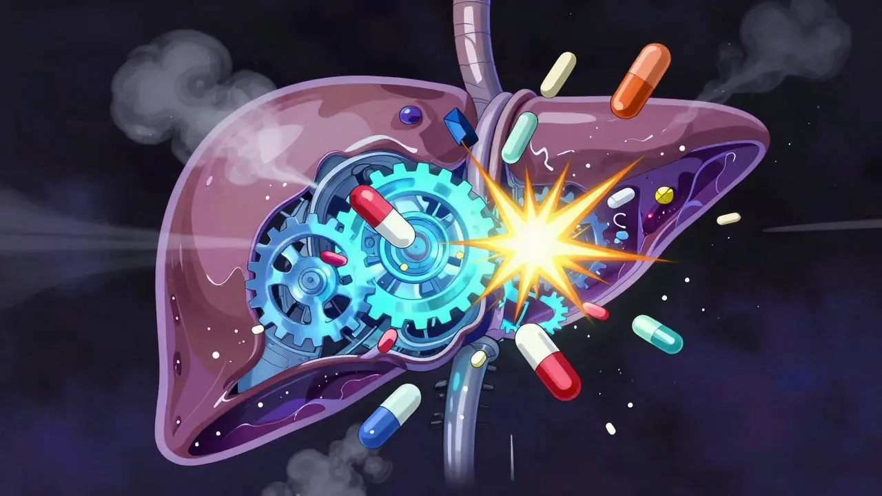 Surreal anime art of liver engine disrupted by crashing medicine pills