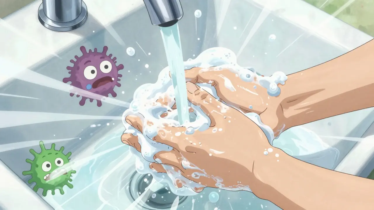 Surreal anime hands washing with soap bubbles dissolving cartoon germ monsters