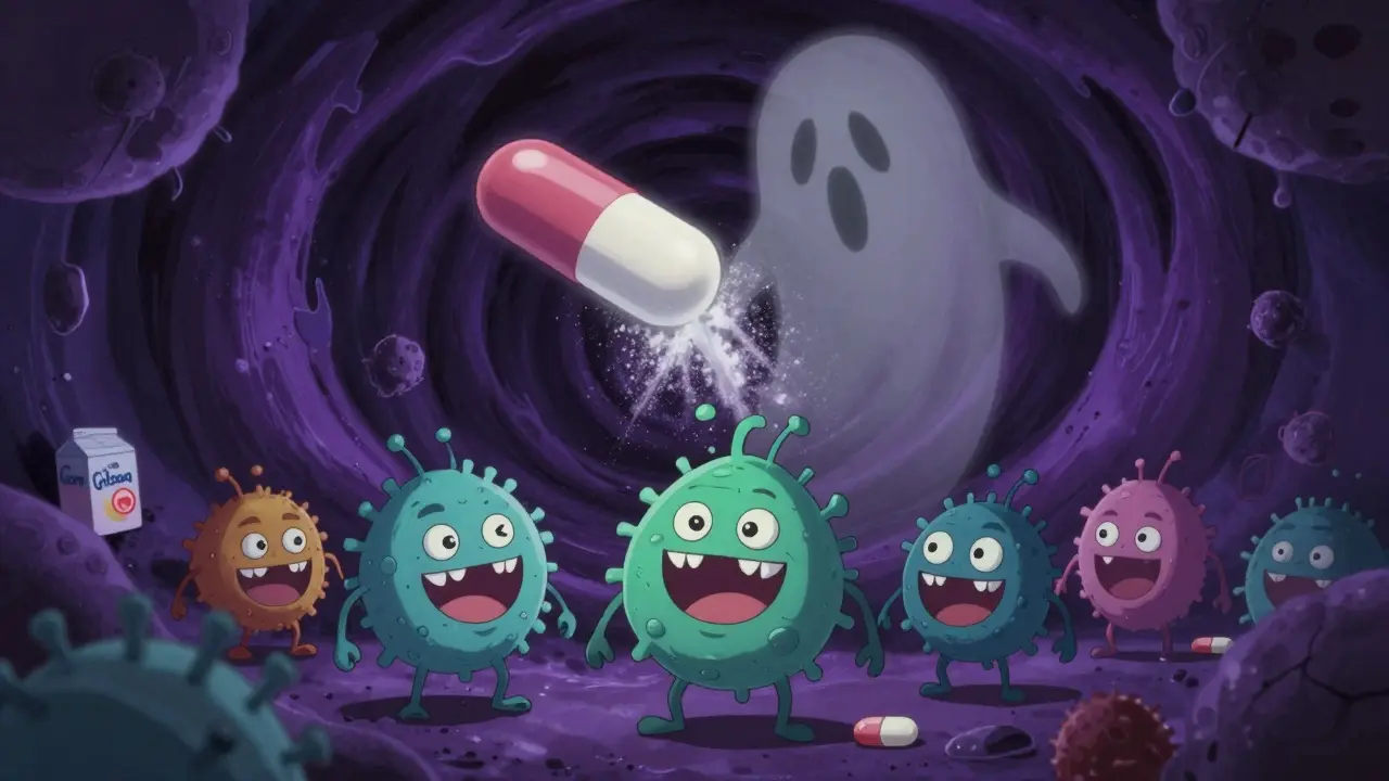 Abstract anime art depicting bacteria surviving due to reduced antibiotic absorption.