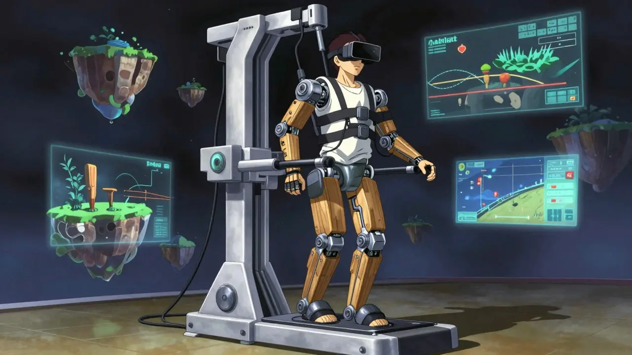 Anime depiction of a patient using robotic gait training and VR technology for stroke rehab.