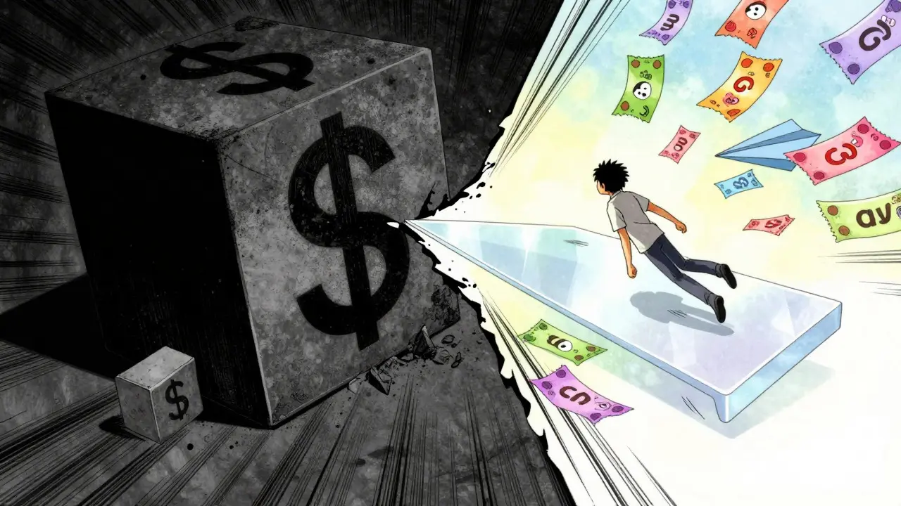 Anime metaphor showing heavy debt vs floating on discount coupons
