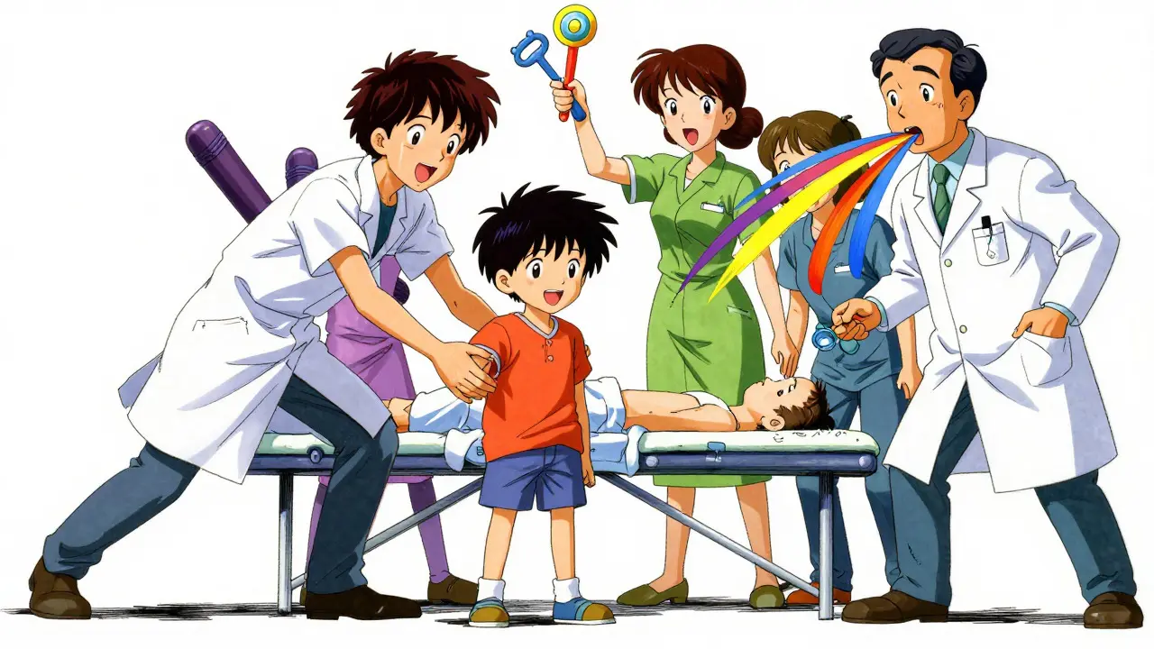 Anime style illustration of a diverse medical team assisting a stroke patient with various therapies.