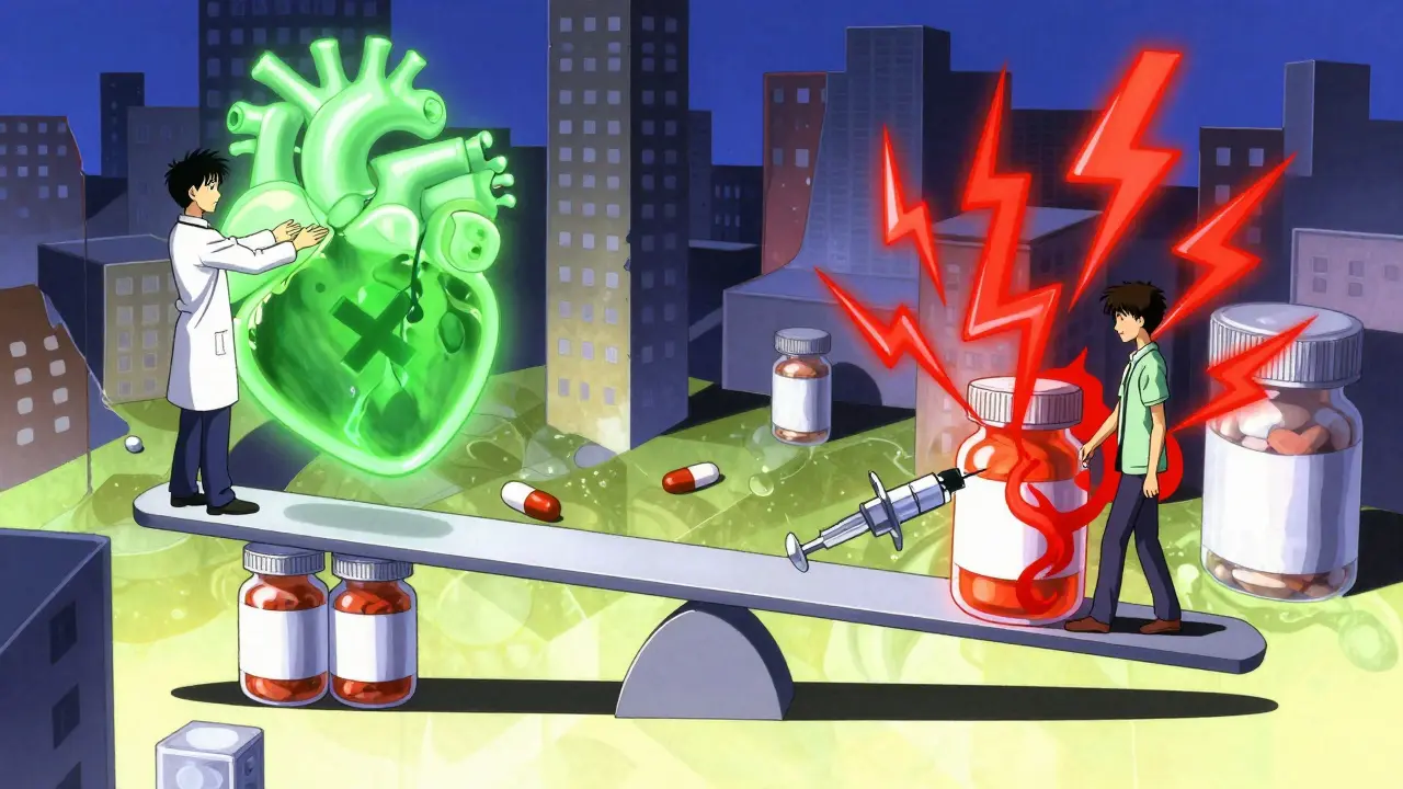 Anime style seesaw balancing organ health against neurotoxicity symptoms in a warping cityscape.